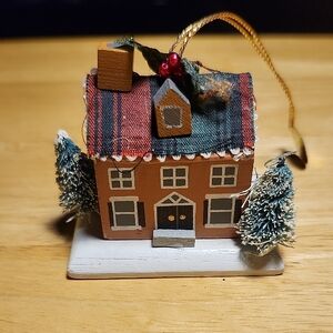 Kurt Adler Festive Brown House Ornament with Plaid Roof